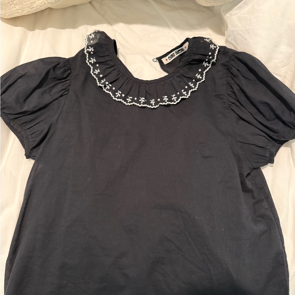 Ciao Lucia Black Blouse with White Embroidered Ruffle Collar